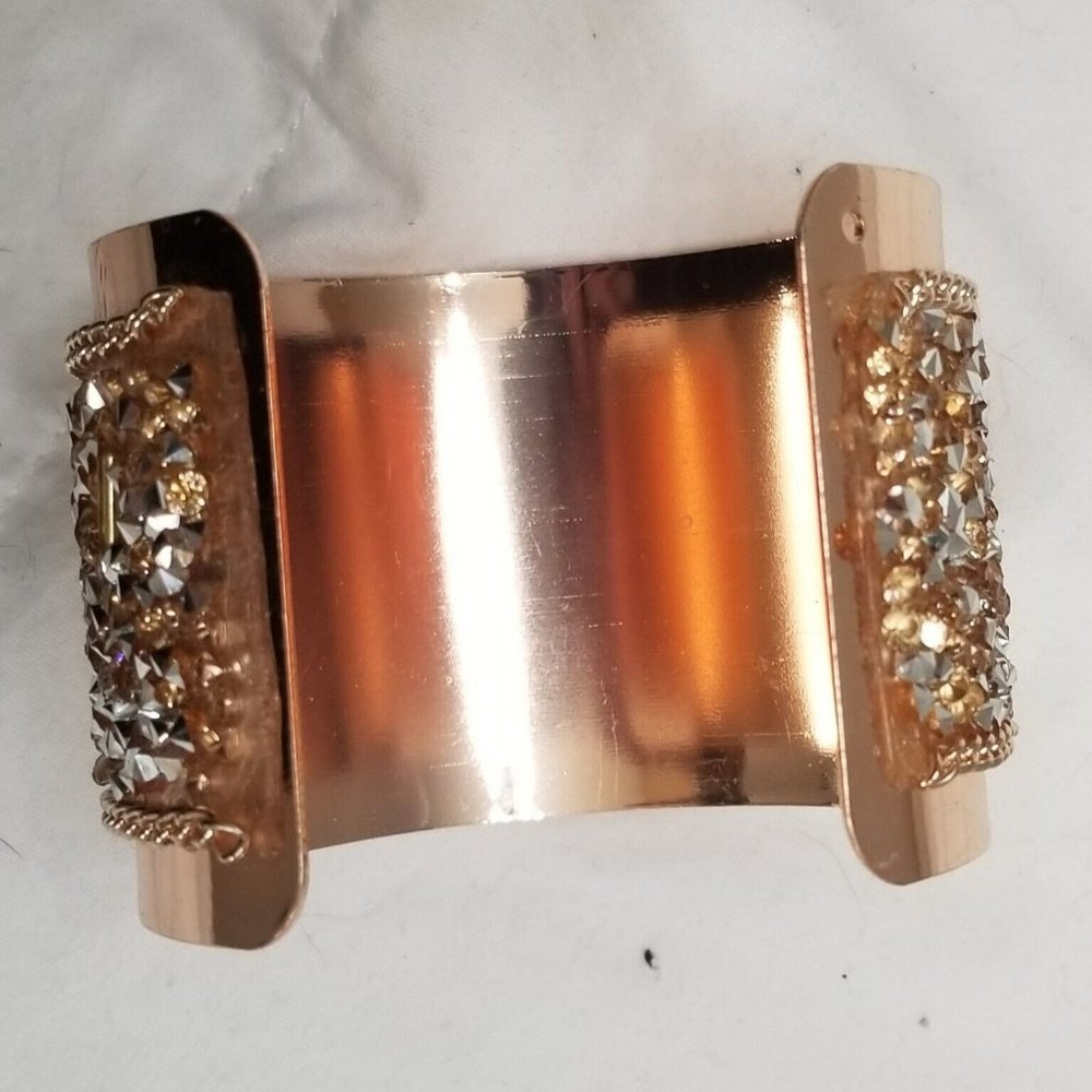 Copper Rose Gold Rhinestone Crush Glass Silver Studs Beaded Metal Cuff Bracelet - Picture 11 of 12